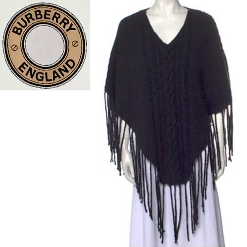 Burberry London Merino Wool V-Neck Black Sweater Poncho Tunic with Fringe Trim